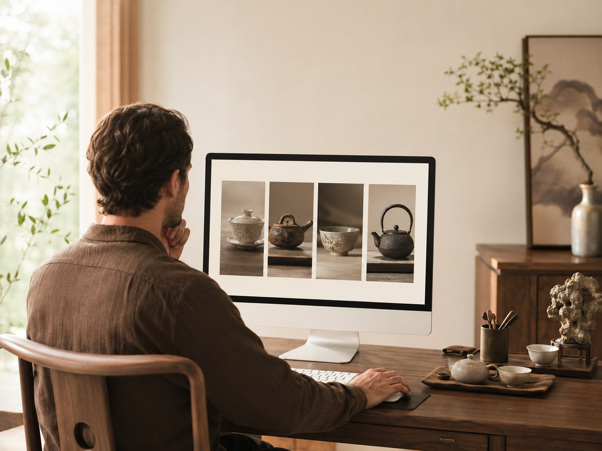 Person browsing tea ware products on computer at wooden desk with tea set